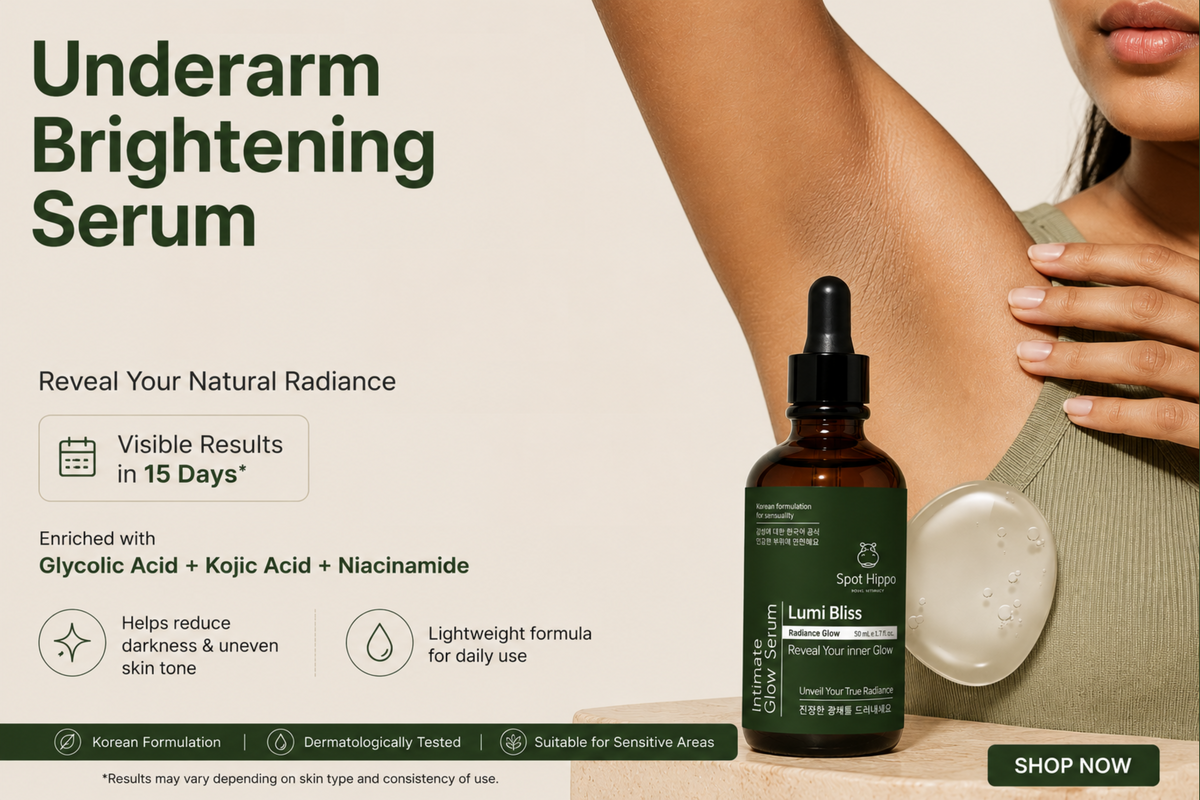 Promotional ad for Spot Hapon Lumi Bliss Underarm Brightening Serum, showing a woman's underarm with a silver mirror reflecting the dark underarm hair, alongside the amber dropper bottle of the serum. Text highlights visible results in 15 days and key ingredients.
