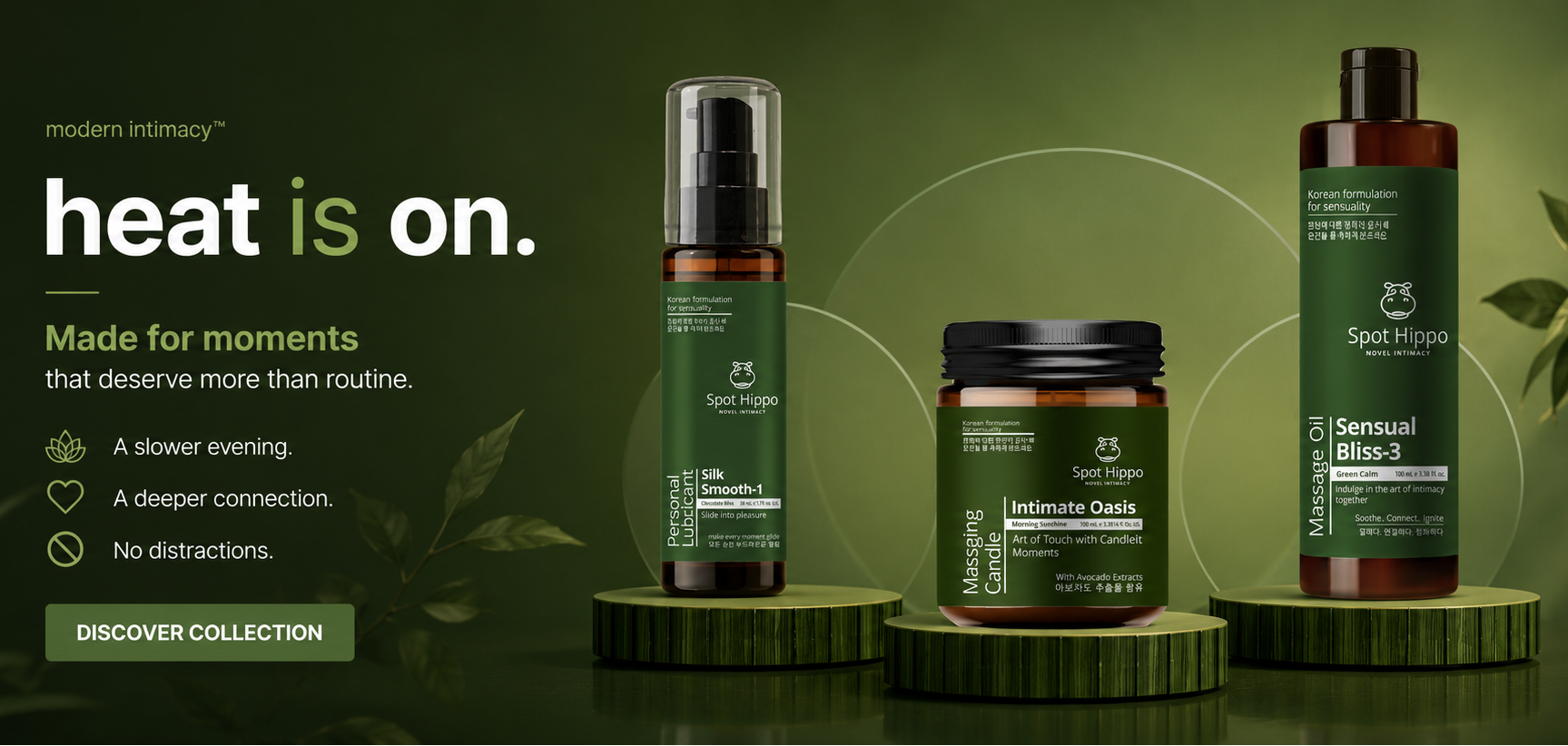 Three skincare products from Spot Hippo are displayed on a dark green background with decorative leaves. The collection includes a tall spray bottle, a jar, and a tall pump bottle, all in dark amber and green packaging with black caps.