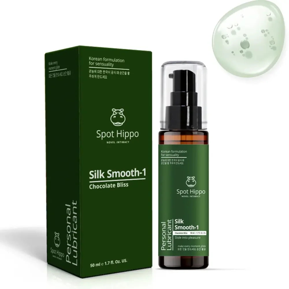 Spot Hippo Silk Smooth 1 Chocolate Bliss personal lubricant bottle and green box by spothippo fertility friendly lubricant