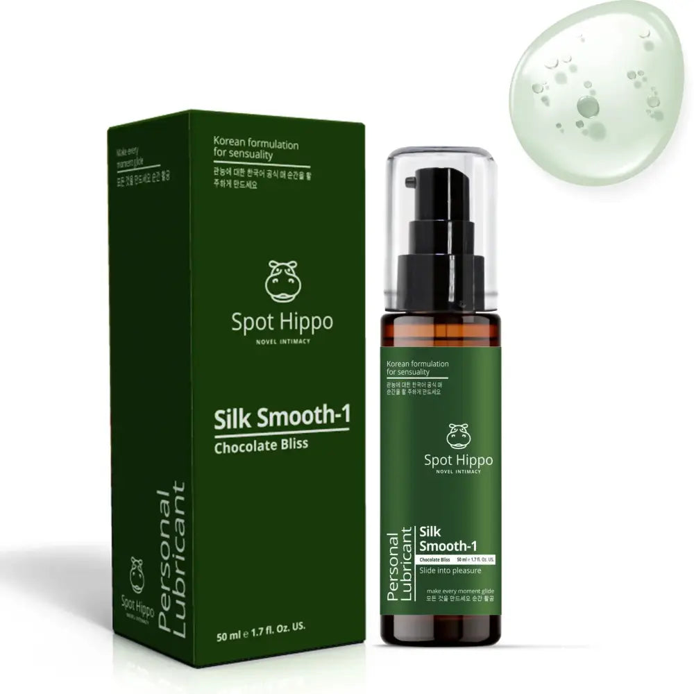 Spot Hippo Silk Smooth 1 Chocolate Bliss personal lubricant bottle and green box by spothippo fertility friendly lubricant