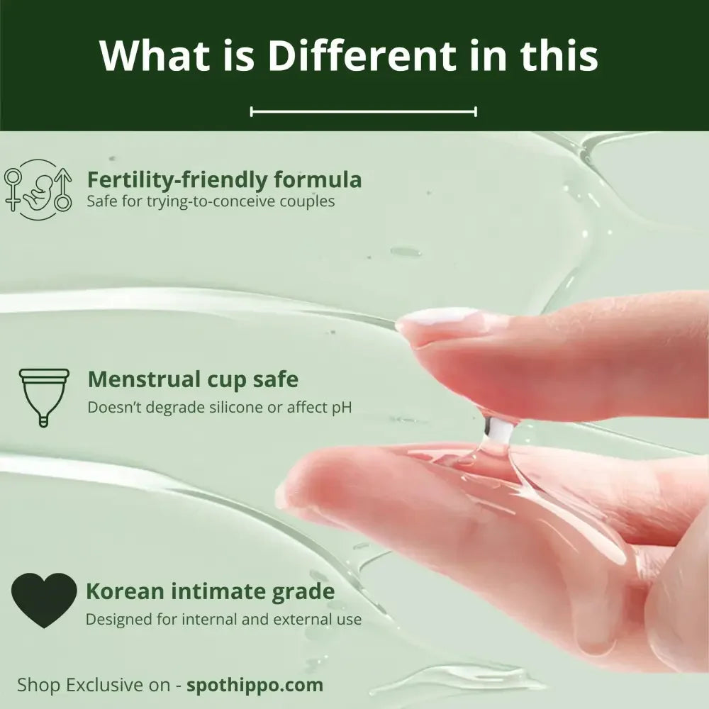 spothippo personal lubricants set with clear gel on fingers showing fertility friendly lubricant and menstrual cup safe